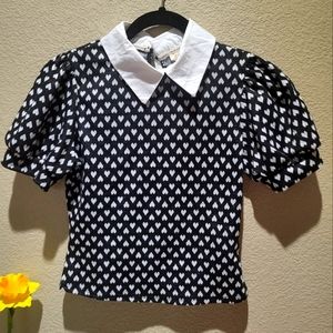Kids Black and white hearts short sleeve collared shirt